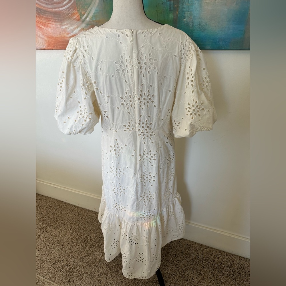 Gibson Latimer Ivory Eyelet Hi Low Puff Sleeve All Cotton Midi Dress Lined L - Picture 4 of 12